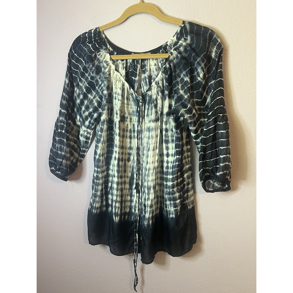 Velvet Blue White Tie Dye Silk Button Top Blouse Peasant Boho Size Small